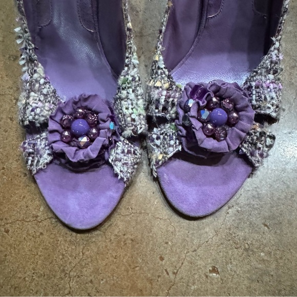 Vintage 90s Moschino purple tweed peep toe kitten heels IT 40 - Picture 3 of 7